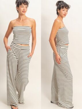 NEW HYFVE Black Striped Tube Top & Wide Leg Pants Set Coastal Size Medium